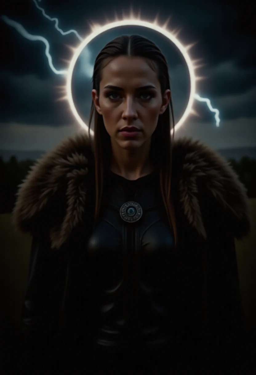 vikingpunk style, beautiful female viking, during a solar eclipse casting an eerie light, ethereal energy and electrical storm in the sky in background. detailmaximizer, perfection style, <lora:artist/wlop:1.0>, style of wlop, <lora:Magic of Art 2 (FLUX):1.0>, Cinematic style, Beauty, Realism, Photorealism, Chiaroscuro, High quality, <lora:flux/aeshteticv2:1.0>, aesthetic_pose, dynamic_pose, <lora:flux/flux_realism_lora:1.0>,