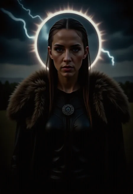 vikingpunk style, beautiful female viking, during a solar eclipse casting an eerie light, ethereal energy and electrical storm in the sky in background. detailmaximizer, perfection style, <lora:artist/wlop:1.0>, style of wlop, <lora:Magic of Art 2 (FLUX):1.0>, Cinematic style, Beauty, Realism, Photorealism, Chiaroscuro, High quality, <lora:flux/aeshteticv2:1.0>, aesthetic_pose, dynamic_pose, <lora:flux/flux_realism_lora:1.0>,