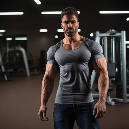 GigaChad1024, a muscular man, wear a tight tshirt, jeans pants, in a gym, detailed face, detailed eyes ,  highly detailed, photography, ultra sharp, film, bokeh, professional, 4k   <lora:GigaChad1024:0.8>
