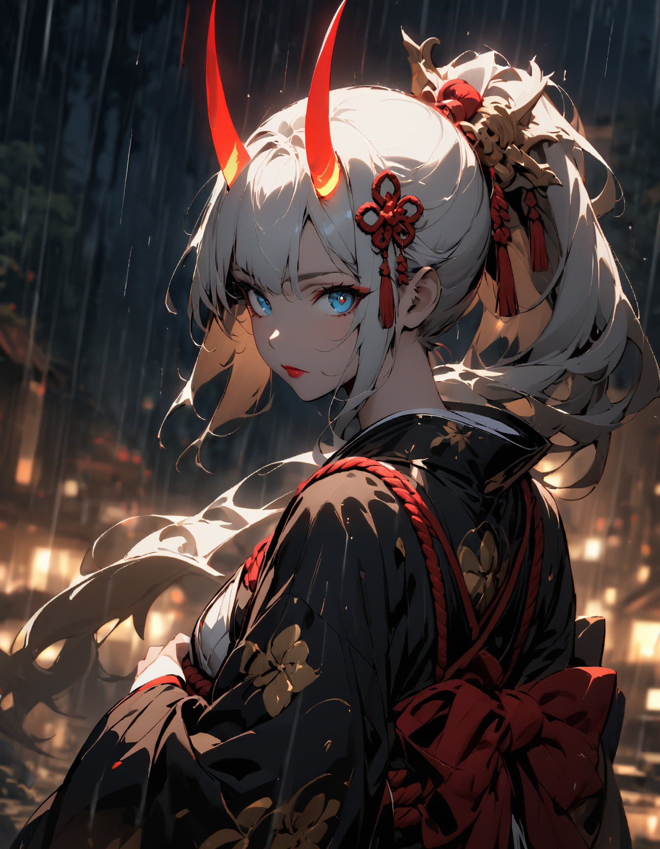 glowing style, Samurai, 1girl, solo, arm armor, oni horns,glowing horns, ponytail,japanese clothes, katana, rain, wide sleeves, long sleeves, closed mouth, looking at viewer, kimono, blue eyes, blurry, rope, white hair, hair ornament, looking back, makeup, upper body, blurry background, red lips, outdoors, two-handed, lips, in the dark, deep shadow, low key, cold light), night,Exquisite and clear,beautiful face,beautiful eyes,<lora:glowing_style_XL_16E_GPmixV_V1.7:1>
