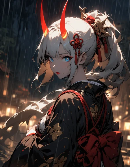 glowing style, Samurai, 1girl, solo, arm armor, oni horns,glowing horns, ponytail,japanese clothes, katana, rain, wide sleeves, long sleeves, closed mouth, looking at viewer, kimono, blue eyes, blurry, rope, white hair, hair ornament, looking back, makeup, upper body, blurry background, red lips, outdoors, two-handed, lips, in the dark, deep shadow, low key, cold light), night,Exquisite and clear,beautiful face,beautiful eyes,<lora:glowing_style_XL_16E_GPmixV_V1.7:1>
