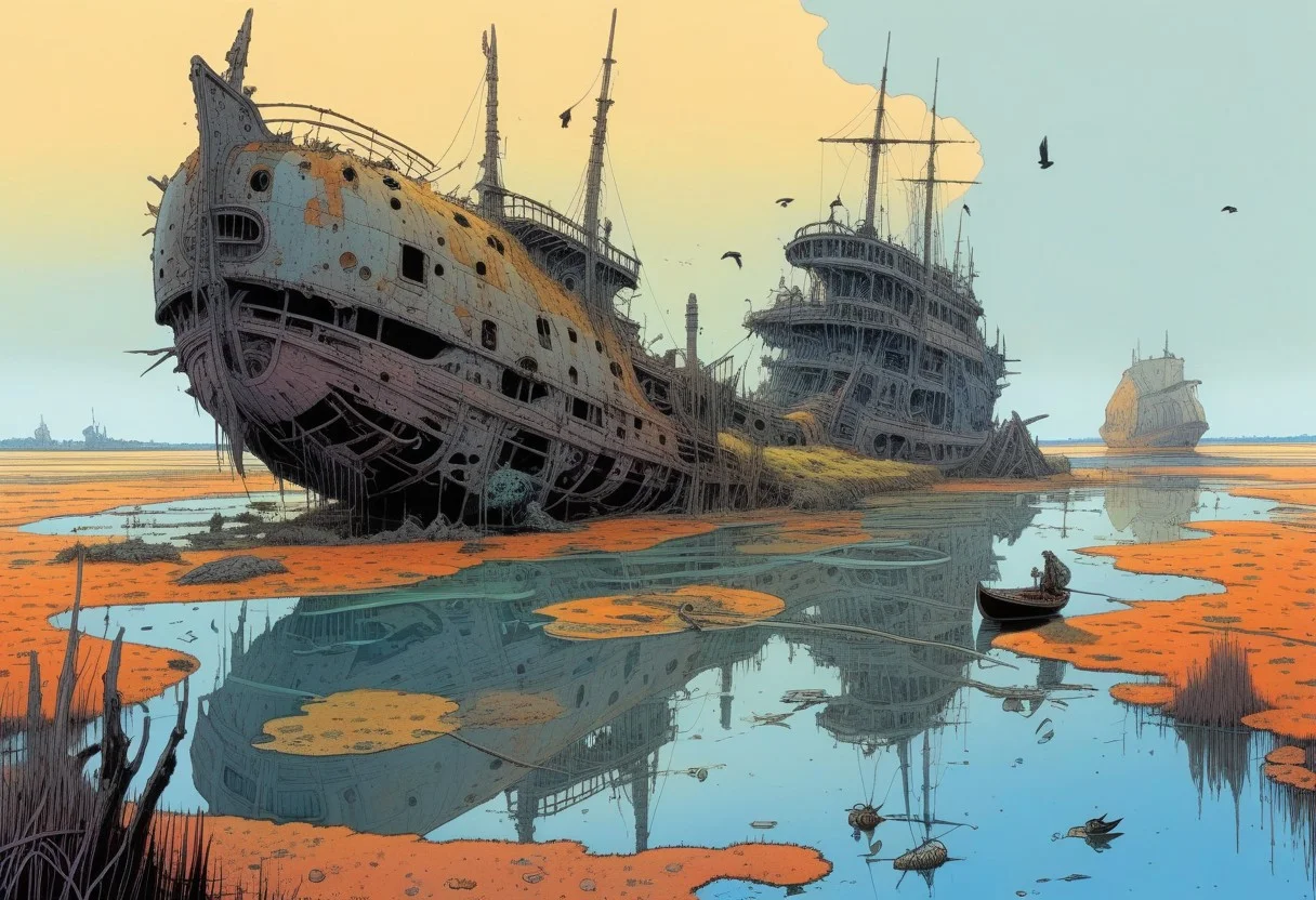 Landscape, Moebius (Jean Giraud) Style page, sunken ship, poison, swamp, marsh, mutant birds