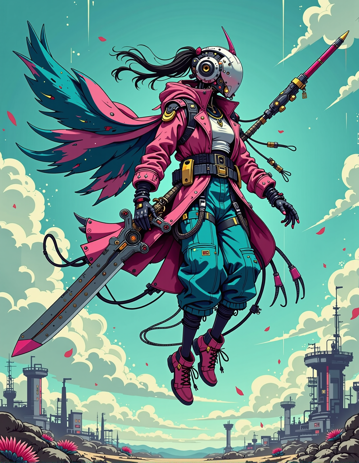 1girl (sci-fi clothes) with GIGANTIC SWORD,  Style: Surreal, futuristic, and high-fashion Scene: A striking Balenciaga model is captured mid-jump, suspended in mid-air as if defying gravity <lora:ck-nc-pastel-cyberpunk:1> A digital artwork in the style of cknc,