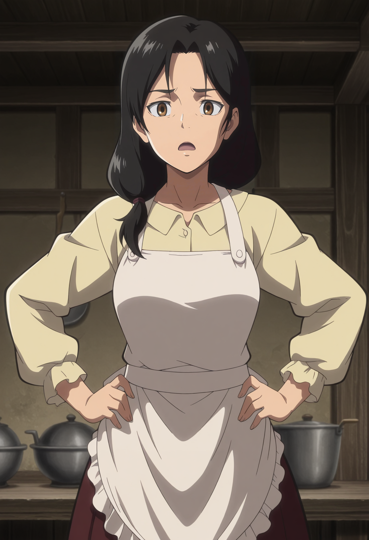 1girl,solo,mm,mature female,black hair,brown eyes,long hair,anime coloring,
shirt,skirt,apron,looking at viewer, hands on own hips, light frown, open mouth, indoors
,masterpiece,best quality,amazing quality,<lora:Carla_Yeager-Shingeki_no_Kyojin_ix:0.8>