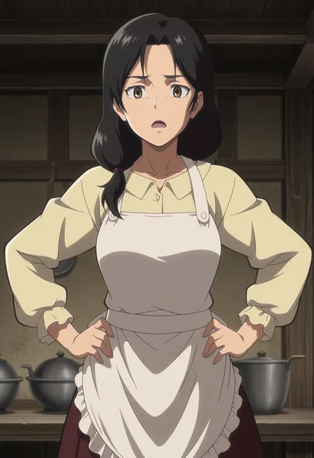 1girl,solo,mm,mature female,black hair,brown eyes,long hair,anime coloring,
shirt,skirt,apron,looking at viewer, hands on own hips, light frown, open mouth, indoors
,masterpiece,best quality,amazing quality,<lora:Carla_Yeager-Shingeki_no_Kyojin_ix:0.8>