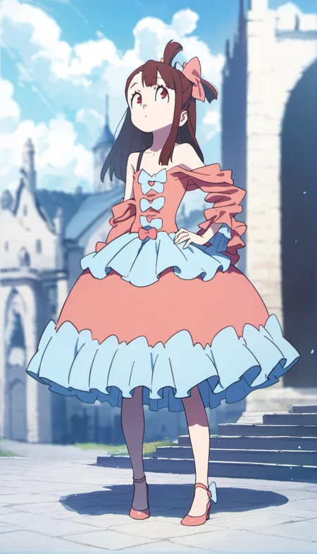 score_9,score_8_up,score_7_up,
<lora:AtsukoKagari:0.9>,akkokagari,
1girl,solo,brown hair,long hair,bangs,short ponytail,hair bow,red eyes,eyes looking up,pink frilly dress,off shoulder,pink heels,full body,standing,left hand on hip,right arm hanging down,
blurry background,outdoors,bloom,light particles,lens flare,cloud,magic academy,castle,courtyard,