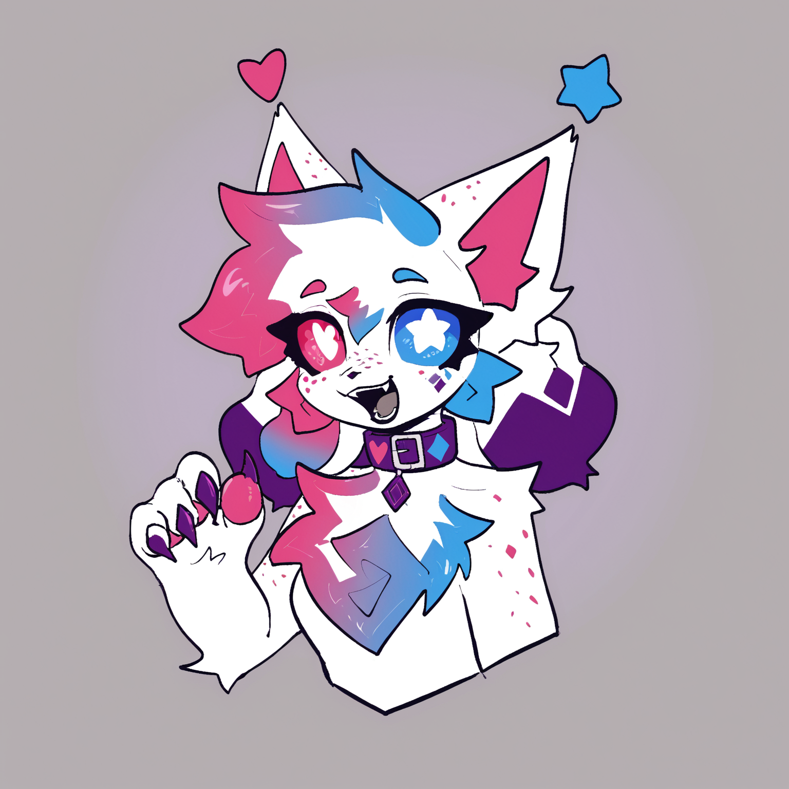 score_9, score_8_up <lora:crystal_sprinkles-PONY:0.8> crystalsprinkles, female, solo, looking at viewer, open mouth, cropped torso, collar, freckles, hand up, chest fur, claws