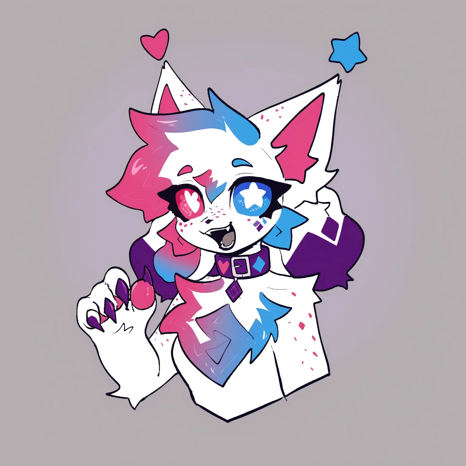score_9, score_8_up <lora:crystal_sprinkles-PONY:0.8> crystalsprinkles, female, solo, looking at viewer, open mouth, cropped torso, collar, freckles, hand up, chest fur, claws