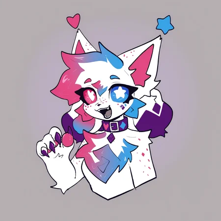 score_9, score_8_up <lora:crystal_sprinkles-PONY:0.8> crystalsprinkles, female, solo, looking at viewer, open mouth, cropped torso, collar, freckles, hand up, chest fur, claws