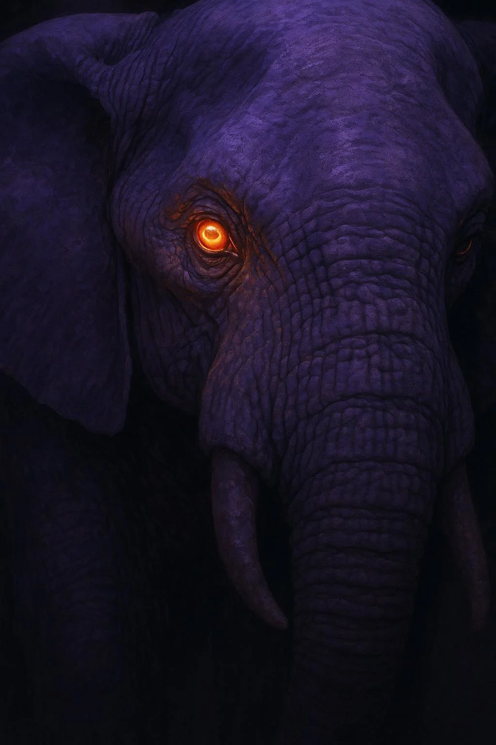 Closeup of purple elephant glowing orange eye 