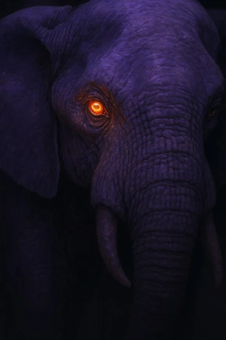 Closeup of purple elephant glowing orange eye 