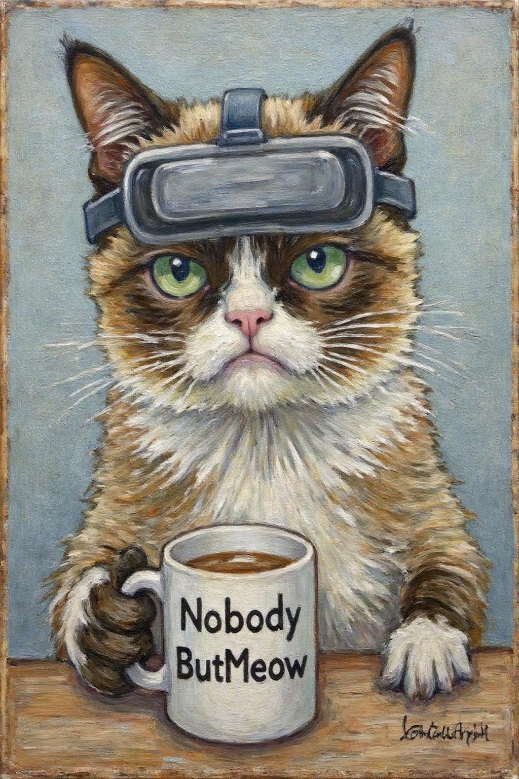 dorotheasharp1 painting. 
Grumpy Cat wearing a VR Headset, holding a coffee mug. The mug has the phrase "NobodyButMeow" printed <lora:dorotheasharp1_f16:1.0><lora:867750047381500777:0>