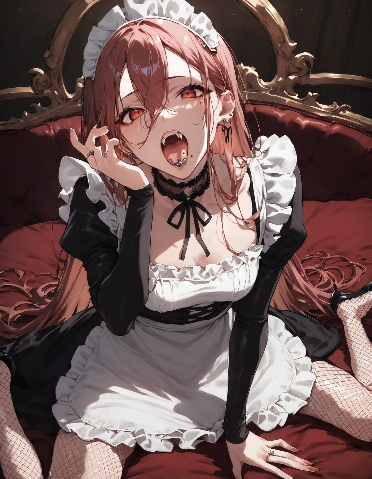 rating_safe, source_anime, score_9, score_6_up, score_5_up, score_4_up, expressiveh, 1girl, solo, piercing, ear piercing, looking at viewer, apron, jewelry, open mouth, maid, long hair, maid apron, fishnet pantyhose, fishnets, earrings, dress, long sleeves, fingernails, fangs, tongue piercing, pantyhose, hair between eyes, teeth, ring, choker, mole under mouth, tongue, mole, puffy sleeves, juliet sleeves, frills
 <lora:Expressive_H:0.8>  <lora:Concept Art Twilight Style SDXL_LoRA_Pony Diffusion V6 XL:0.8> <lora:sinfully_stylish_SDKL:1>  <lora:taki_minashika_xl3:0.7>