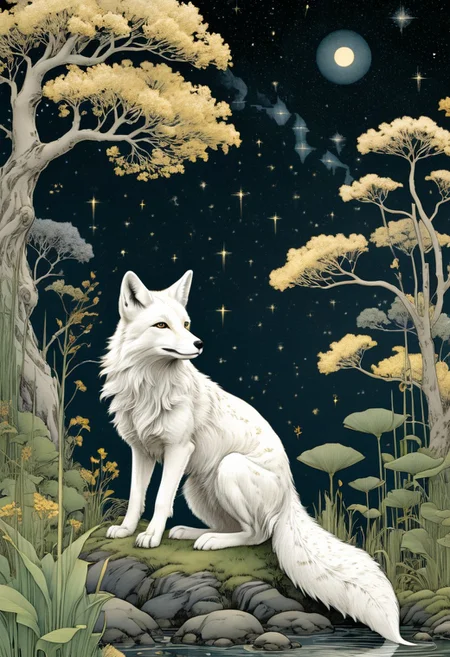 score_9, score_8_up, score_7_up, score_6_up, easynegative, ng_deepnegative_v1_75t,
Detailed pen-and-ink illustration by franklin booth, 
starry,stars, celestial night sky with constellations mapped, 
colorful, magical, dreamlike, painterly, 
illustration, A nine tailed white fox sits at the base of a gingko tree, next to a stream (peaceful, serene, idyllic), stone_shrines_houses (ancient, small, wet, symbols), small patches of wildflowers among the cattails and marsh grasses, 
very detailed: 1.5, 
high-resolution, commercial, highly detailed