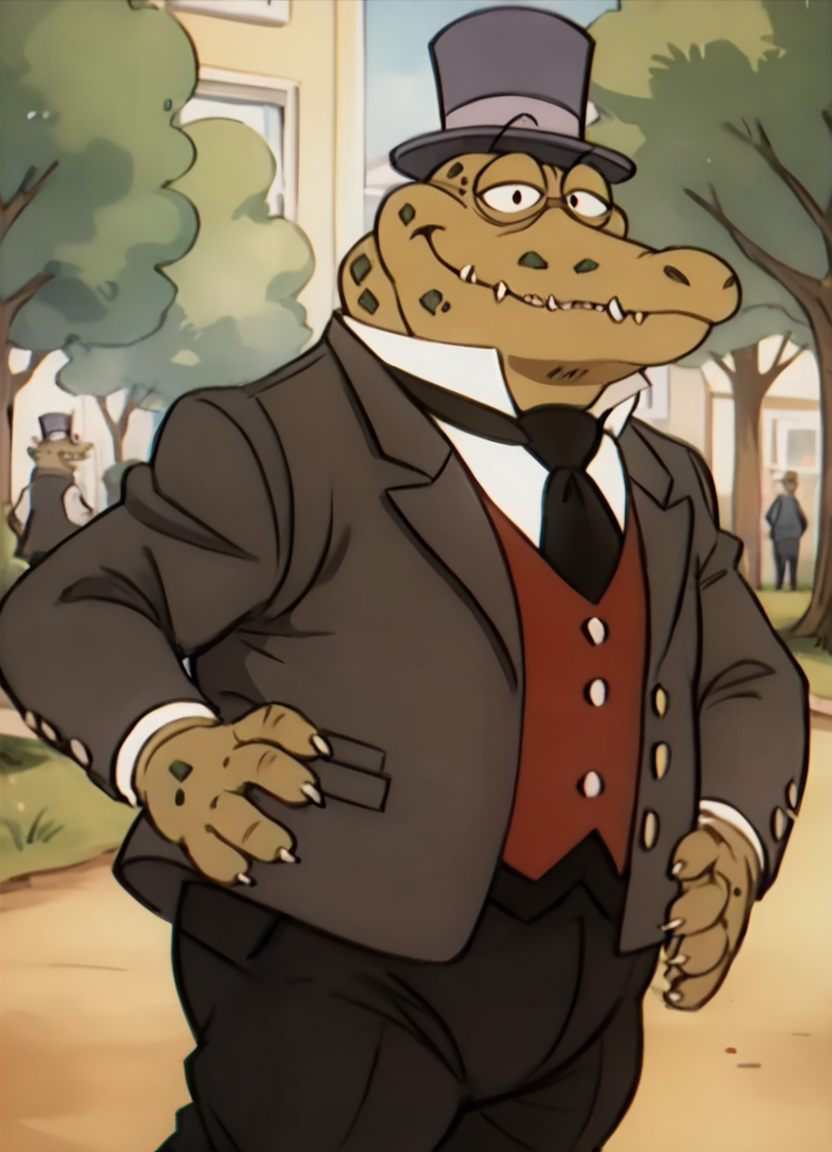 <lora:MayorCrocPony1.0:0.8> mayor croc, formal, suit, 1boy, solo, male focus, top hat, furry, crocodile, green skin, scales, furry male, necktie, teeth, fangs, no humans, vest, score_9, score_8_up, score_7_up, score_6_up, score_5_up, score_4_up, looking at viewer, hand on own hip, cowboy shot,park