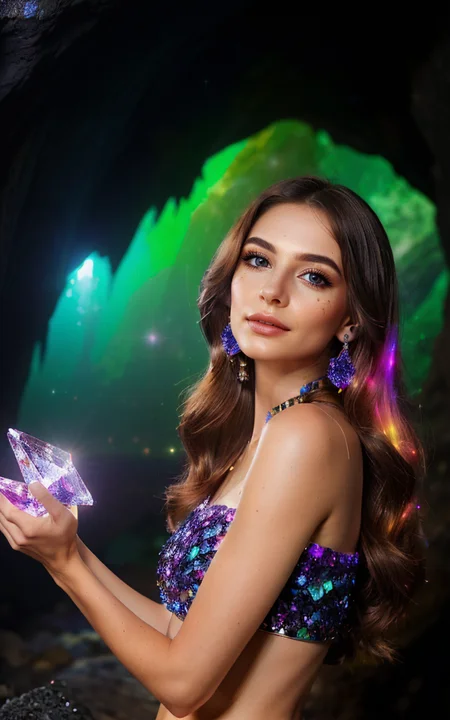 (wide angle long range bokeh foreground, solo focus, cinematic photoshoot of perfect seductive young woman in Mystical Cave with Luminous Crystals:1.3), hidden cave, its walls aglow with iridescent crystals casting prismatic light, creating a kaleidoscope of colors that illuminate an underground river and ethereal fauna. opal effects. purple magenta energy aura OverallDetail HairDetail