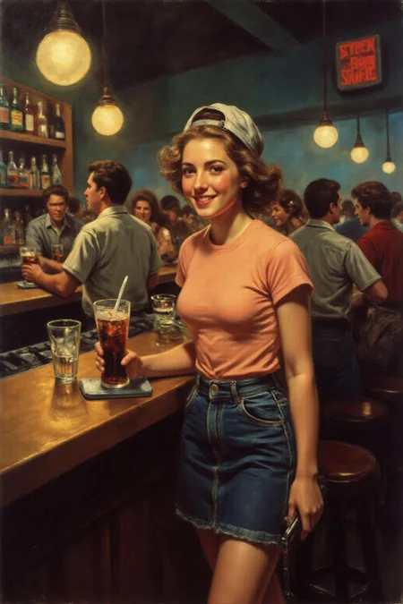 jore1 gainsbo1 painting.
The air buzzes with the energy of a busy bar, a mix of music, conversation, and the clinking of glasses. A barmaid, the embodiment of youthful vibrancy, navigates the lively scene. She wears a peach-coloured T-shirt, the soft fabric contrasting with the smooth, cold glass of coke she carries on a small tablet. Her short skirt adds a playful touch, and a backwards baseball cap hints at a carefree attitude. The setting and atmosphere are palpable: the warm, slightly sticky surface of the bar counter under her fingertips, the dim, colourful lighting that casts playful shadows. Sensory details are abundant: the condensation forming on the glass of coke, the texture of her denim skirt, and the way the bar lights catch the highlights in her hair. Her confident stride, her quick smile, and her efficient movements. Stylistically, the image draws inspiration from the vibrant, candid shots of nightlife photographers, with a touch of the stylized realism found in contemporary illustration. There's a deliberate contrast between the barmaid's youthful energy and the slightly worn, lived-in atmosphere of the bar, creating a dynamic and engaging image.
<lora:jore1_cap_d6a3e12:1.0><lora:818388847256746238:0>