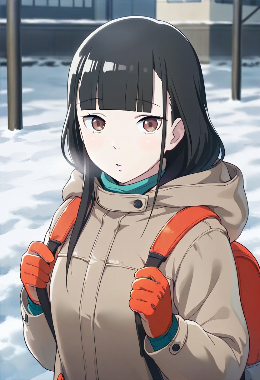 masterpiece,best quality,amazing quality, kobuchizawa shirase, long hair, black hair, reddish-brown eyes, 1girl, solo, looking at viewer, backpack, blunt bangs, snow, bag, upper body, hood, gloves, outdoors, jacket, coat