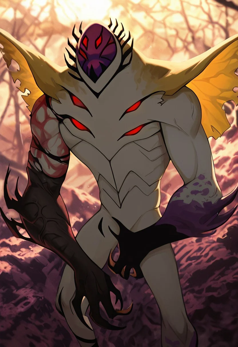 masterpiece, best quality, amazing quality, very aesthetic, absurdres, newest,, detailed background,
highbreed, extra eyes, solo, alien, white skin, purple face, , monster, red eyes, black hands, , claws, black head spikes,
massive arms, uneven muscle growth, mutating, ripped flesh , purple arm, yellow wings,