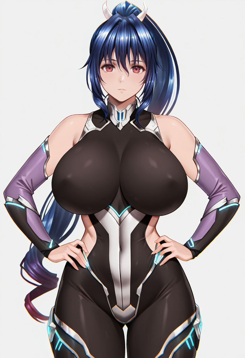masterpiece, best quality,
1girl, cowboy shot, 
standing, hands on own hips, 
looking at viewer, 
<lora:Uehara_Rin_SK:1.0> Uehara_Rin_SK, red eyes, blue hair, long hair, high ponytail, bangs, bodysuit, detached sleeves, bare shoulders, 
simple background, white background,