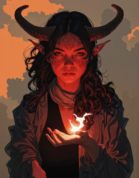 By Phandigrams. A digital illustration shoot from a frontal camera angle about a female demon character with red skin and long, wavy hair, holding a glowing, ethereal flame in her right hand. the image also shows intricate patterns on her face and horns. on the middle of the image, a 1woman, who appears to be in her mid-twenties, with a serious expression, is facing the viewer and looking directly at them. she has red eyes, black hair, and is wearing a black top and a scarf around her neck. her hair is long and wavy, and she has a pair of large, curved horns on her head. on her left hand, she is holding a small, glowing, white, glowing orb. the background is a gradient of warm colors, possibly a sunset or sunrise, with some clouds in the background. the lighting is dramatic, with the colors blending together to create a dramatic effect.