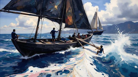 Surrealism themed artwork depicting black-toned Bangladeshi blue sailing dinghy on a stormy ocean, futuristic, intricate white and pink filigree, damaged, billowing bright dust, very detailed. The overall feel of the image is of clarity and balanced space, with distorted people and items interacting in unusual ways. Additionally the image incorporates elements of mixed media including flowing lines drawn with fine pens and appliqued silverleaf. The general effect is of elaborate surreal and absurdist elements interacting with each other to produce timeless fine art elegance. <lora:Paper_Marbling_Flux:0.5> <lora:Eldritch_Watercolor_for_Flux:0.5> <lora:midjourney_whisper_chromaplex_v1:0.4> <lora:Eldritch_Paint_Sketch_for_Flux_1.0.5:0.4> <lora:FLUX.1-DEV_-_Decadence_Art_style_LoRA:0.5>