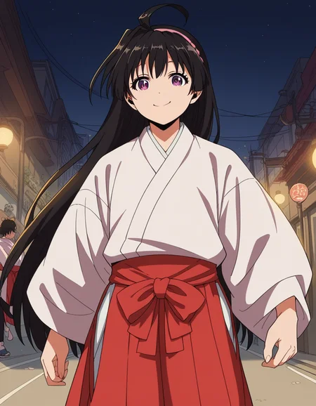 score_9, score_8_up, score_7_up, source_anime, <lora:ayako-mochizuki-s1-ponyxl-lora-nochekaiser:1>, ayako mochizuki, long hair, black hair, purple eyes, ahoge, hairband,, skirt, japanese clothes, hakama, miko, red hakama,, city street, evening, streetlights, walking dog, quiet neighborhood, gentle breeze, smile, looking at viewer, from below, solo,, cowboy shot, dutch angle