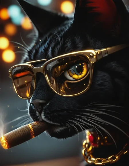 <lora:illustriousXLv01_stabilizer_v1.165c:0.8>a black cat,portrait,close-up,sunglasses,cigar in mouth,gold chain,jewelry,luxurious,light particles,bokeh,depth of field,reflection,