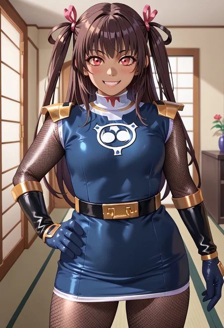 score_9, score_8_up, score_7_up, BREAK,
1girl, solo, defYuki, tan, dark-skinned female, brown hair, red eyes, two side up, long hair, sentaikageblue, shiny clothes, spandex, silver bodysuit, fishnet bodysuit, bodysuit under clothes, black dress, shoulder pads, black belt, black gloves, boots, boots, blush, small smile, looking at viewer, indoors, tatami, sliding door, room, night,