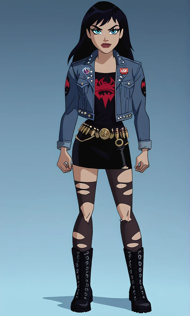 score_9, score_8_up, score_7_up, masterpiece, absurdres, BREAK
   ((full body)), ((1girl)),   dcaustyle, good anatomy, good hands, NegPDXL-DHP, High Quality V2,  zPDXL2    metal fashion, [[[patches]]], [[studs]], denim jacket, leather, leather skirt, torn stocking, [bullet belt], boots, facing front<lora:age_slider_v4:-1>,<lora:dcaustyle-v3new:1>,<lora:zPDXL2:1>,<lora:zPDXL2-neg:1>,<lora:Metal_fashion:0.6>