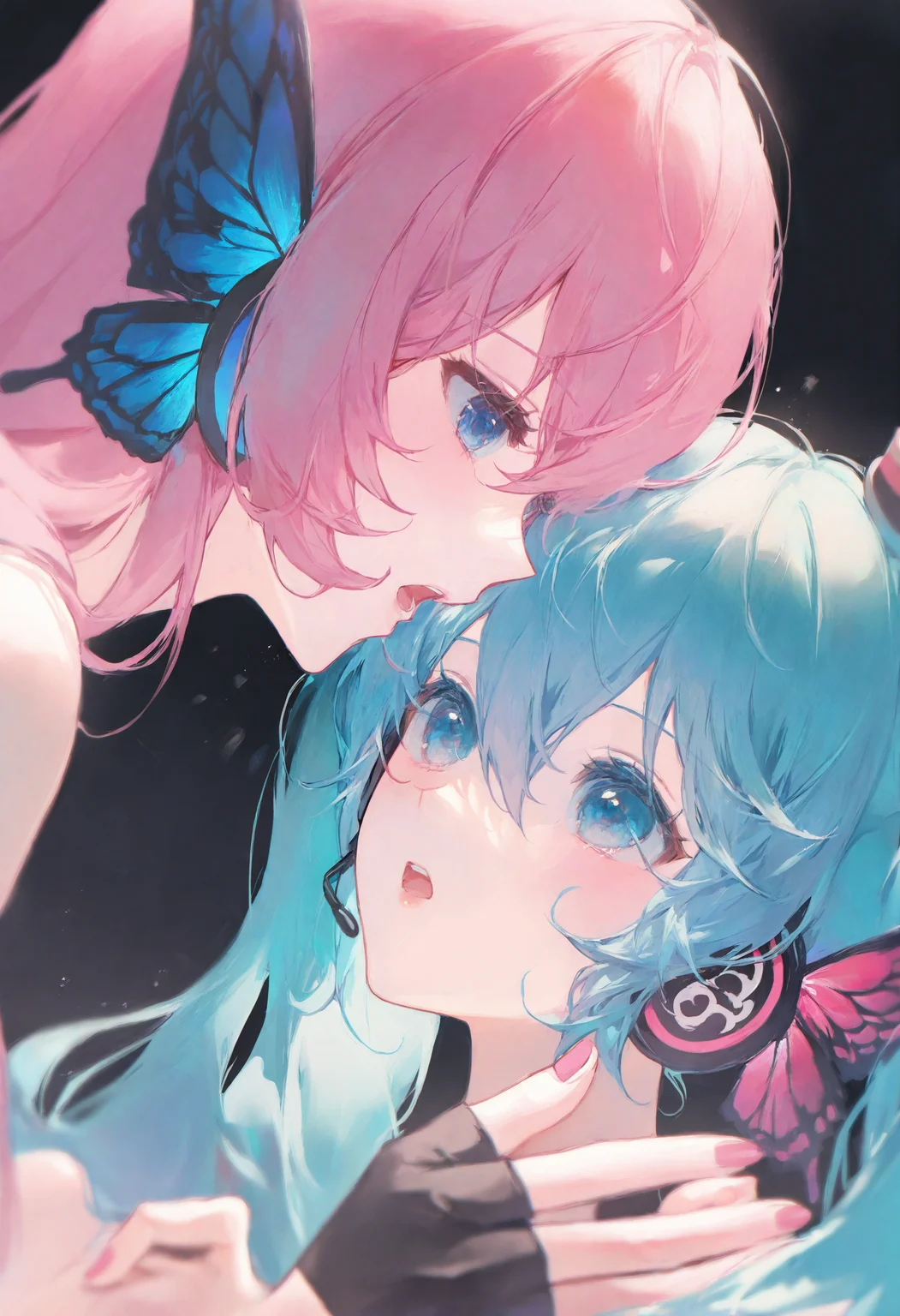 <lora:match2_noob1.1-000190:1>,
2girls, multiple girls, megurine luka, hatsune miku, pink hair, gloves, butterfly wings, yuri, insect wings, blue eyes, fingerless gloves, long hair, twintails, wings, headset, open mouth, pink nails, headphones, looking at another, butterfly hair ornament, portrait, nail polish, mini hat, hair ornament, blue hair, black gloves, hat, hair between eyes, aqua hair, hand in another's hair,
masterpiece,best quality,newest,absurdres,highres,very awa,
