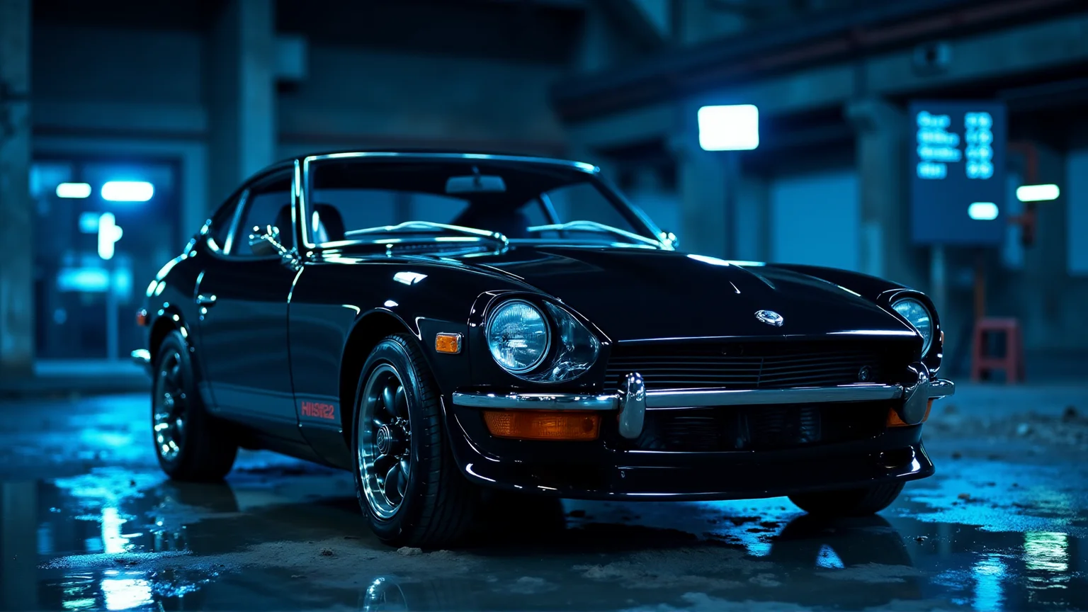 In a sleek underground garage with glowing neon-blue accent lights, a 1972 Nissan Datsun 240Z Fairlady in glossy jet black dominates the scene. Its sharp, clean body lines and iconic round headlights create a bold silhouette in the modern, high-tech setting. The polished chrome accents catch the faint reflections of holographic panels displaying vehicle stats. The metallic sheen of the carâs finish contrasts with the smooth, reflective floor, emphasizing its timeless design in an ultra-modern environment
<lora:ral-nssndtsn_000001000:1>