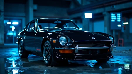 In a sleek underground garage with glowing neon-blue accent lights, a 1972 Nissan Datsun 240Z Fairlady in glossy jet black dominates the scene. Its sharp, clean body lines and iconic round headlights create a bold silhouette in the modern, high-tech setting. The polished chrome accents catch the faint reflections of holographic panels displaying vehicle stats. The metallic sheen of the carâs finish contrasts with the smooth, reflective floor, emphasizing its timeless design in an ultra-modern environment
<lora:ral-nssndtsn_000001000:1>