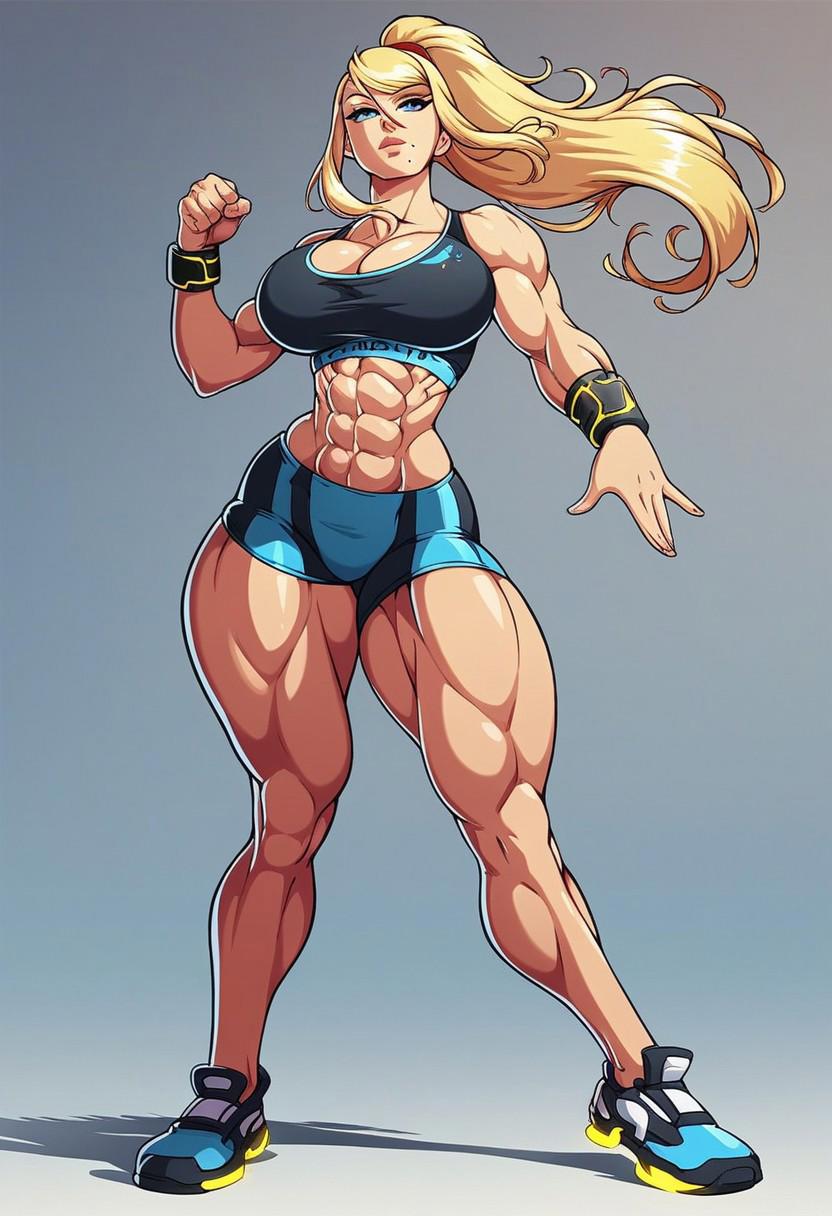score_9, score_8_up, score_7_up, Samus Aran, loose hair, 1girl, full body view, front view, masterpiece, looking forward, black crop top, big cleavage, long hair, solo, ((thick thighs)), standing, legs spread, black lace thigh, gym clothing ad, abs, posing, photoshout, artistic, model, running shoes, gym Shorts, looking at viewer, shadow, crisp image, face focus, EyesHD, masterpiece