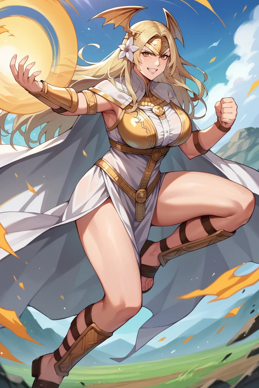 score_9, score_8_up, score_7_up, score_6_up, source_anime, BREAK 1girl, mature female <lora:rhea-pdxl-nvwls-v1-000006:1> seiros, blonde hair, head wings, hair flower, circlet, red and white cape, armored dress, gold armor, vambraces, sandals, large breasts, fists, fighting stance, looking at viewer, evil grin, field