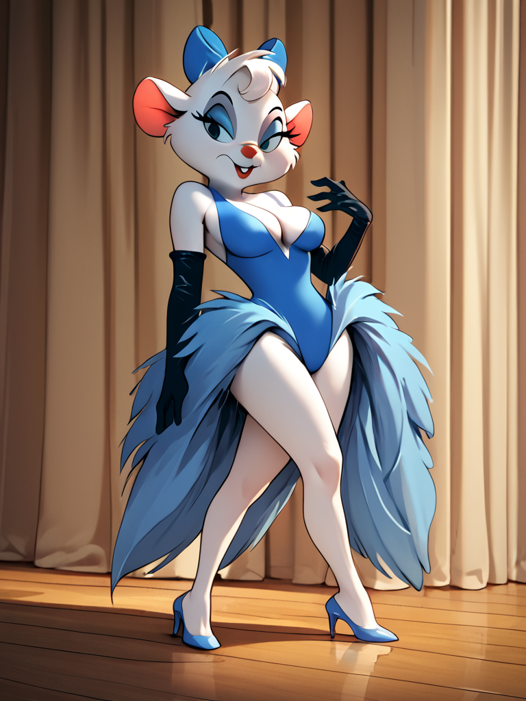 score_7_up, score_8_up, score_9, masterpiece, perfect face, perfect hands, high quality, source_anime, (1girl, solo,) <lora:Miss_Kitty_Mouse_-_The_Great_Mouse_Detective:1> mskittymouse, furry female, furry, animal ears, elbow gloves, high heels, blue leotard, stage, bulging breasts, cleavage,