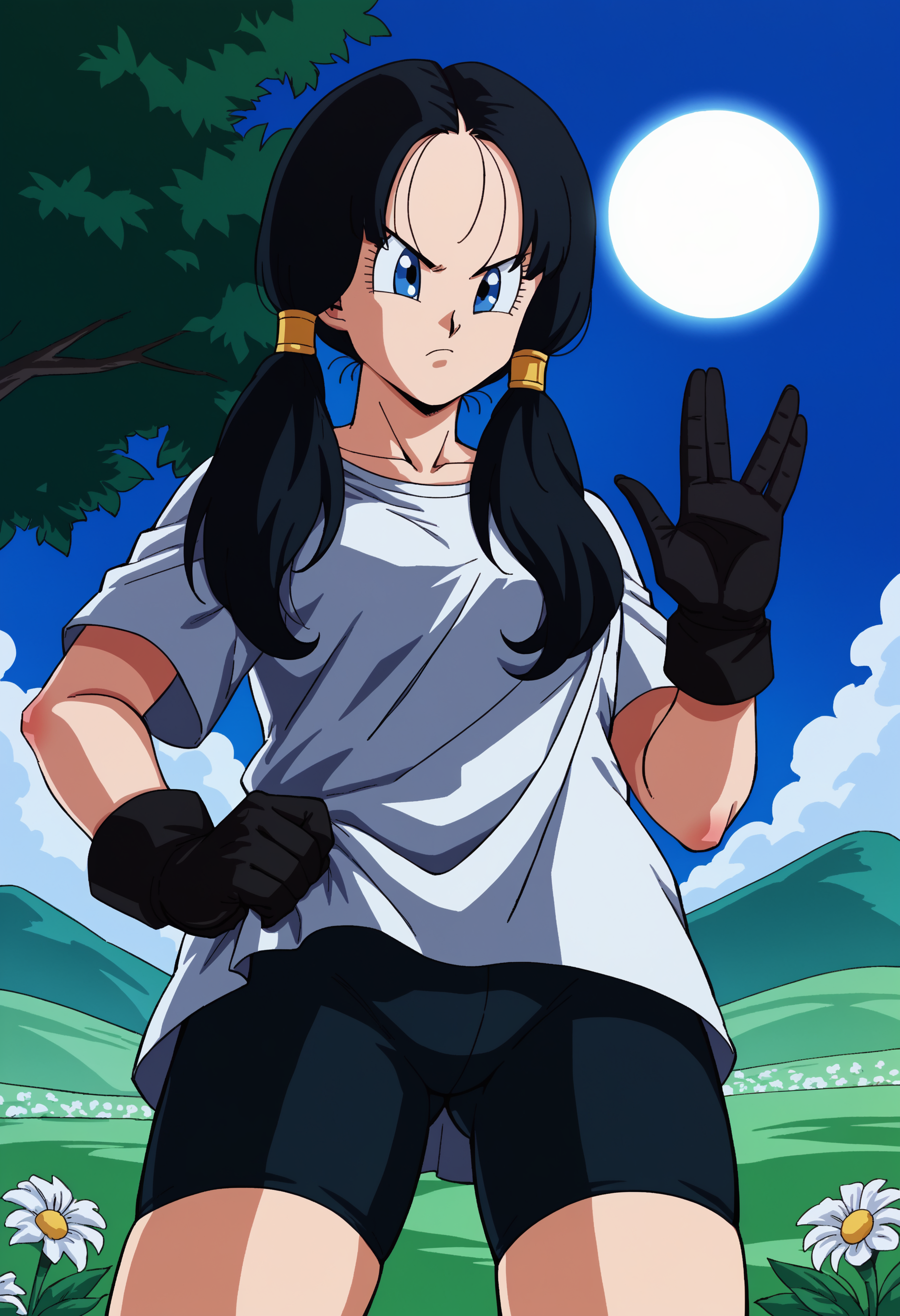 score_9, score_8_up, score_7_up, BREAK <lora:videl:0.8> 1girl, solo, long hair, looking at viewer, blue eyes, black hair, gloves, twintails, eyelashes, frown, black gloves,cowboy shot, street background, from below ,field scenery,flowers,sun, shirt,bike shorts, vulcansalute hand gesture<lora:VulcansalutePonyV1-000035>