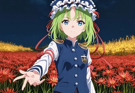 safe_pos, 1girl, solo, solo focus, highres, absurdres, shikieiki, green hair, frilled hat, blue eyes, blue headwear, short hair, bangs,

long sleeves, black skirt, white shirt, blue vest, red ribbon, epaulettes, small breasts, arm ribbon, buttons, 

looking at viewer, head tilt, 

spider lily, flower field, night sky, red sky, dark, red theme,
