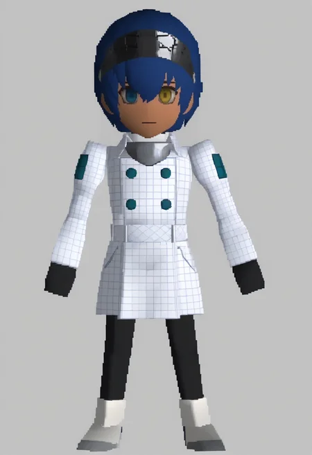 masterpiece, best quality, solo, 1boy, looking at viewer, <lora:FF7-Chibi-illus_Fp:1>, full body, simple background, 3d, chibi, <lora:ProtagonistMR-illu:1>, dfProtag, blue hair, short hair, hair between eyes, black visor \(armor\), heterochromia, yellow eyes, blue eyes, dark-skinned male, plaid coat, collared coat, white turtleneck, long sleeves, double-breasted, black gloves, black leggings,