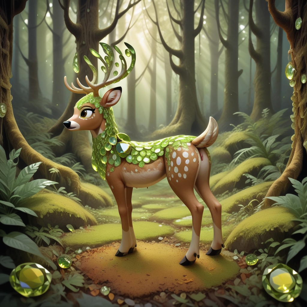 embedding:lazyup, deer made of hud_per1d0t_wrld, green gemstone, crystal, gem, shiny, leaping through an autumn forest with crystal leaves and amber sunlight, graceful motion, dappled shadows, enchanted woodland <lora:hud_per1d0t_wrld_XLP:1.2000000000000002> <lora:TrendCraft_The_Peoples_Style_Detailer-v2.0A-3_13_2025-PonyXL:0.4000000000000001>