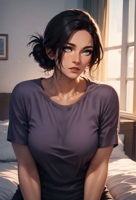 score_9, score_8_up, score_7_up, a1m333, woman, purple shirt, grey eyes, 45 yo, single hair bun, bedroom