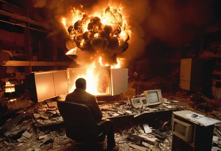 Niko Bellic is operating a computer, (It says "404" on the screen:1.5), A blown-up computer on a desk,  Ruined Keyboard, Ruined Mouse, Ruined Monitor, Fire, thunder and lightning,smoke, the room that exploded, explosion artstyle, close-up, cinemascope, film, lens, cinematic, shown from reverse
