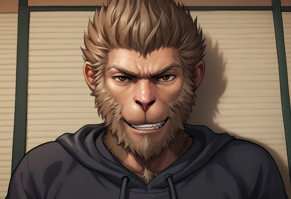 score_9, score_8_up, score_7_up, score_6_up, aoj_sr, 2d, source_cartoon, dojo, night, Black Myth Wukong, (1male,Wukong, monkey king,WU KONG,Monkey anthro monster creature male,brown eyes,brown bright fur,furred hairy furry body,solo,smug smirk,looking at the viewer,black hoodies), better view, closer look, face focus, lying on tatami, showing teeth,