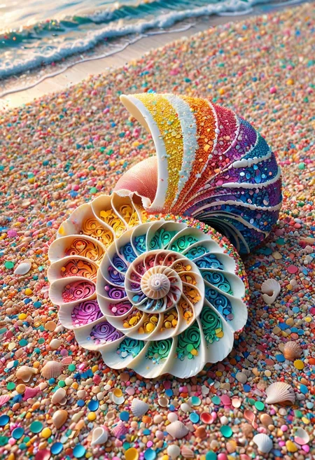 conf3tti, rainbow ornate seashell, nautilus, sunset, beach, made out of confetti <lora:Confetti_World_Morph:1>