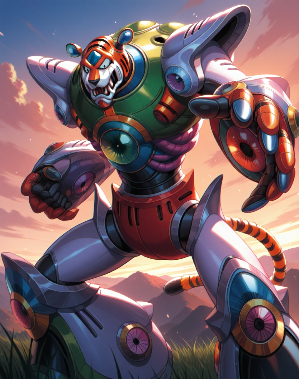 <lora:Neon_Tiger_(Mega_Man_X)_(Illustrious)_(AD):1.5> Neon Tiger, reploid, MMX, 
exterior, sky with clouds, grassy valley,
male focus, intense shadows, dynamic shadows, intricate details, attention to details, gradient coloring, bright vivid colors, robot, bent leg, glossy metal body, cowboy shot, 
BREAK very awe, masterpiece, best quality, amazing quality, very aesthetic, highres, absurdres, photographic realism, 8K CGI render,
EZRealPONYXL, zPDXL, Smooth Quality, lazynsfw,
