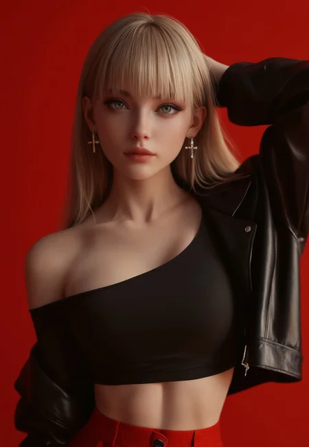 safe_pos, score_9, score_8_up, score_7_up, score_6_up, close-up, 
1girl,  <lora:_my/_test_girl_3:0.8> , gray eyes, blonde,  large breast, slim waist, 
open clothes, , midriff, pants, blunt bangs, off shoulder, open jacket, lips, black jacket, crop top, makeup, , cross, , red background, , nose, leather, red pants, cross earrings, leather jacket,
(((((upper body))))), dynamic pose
 <lora:Dynamic Poses:1>
 <lora:detailed_notrigger:1>
(((full clothed)))
