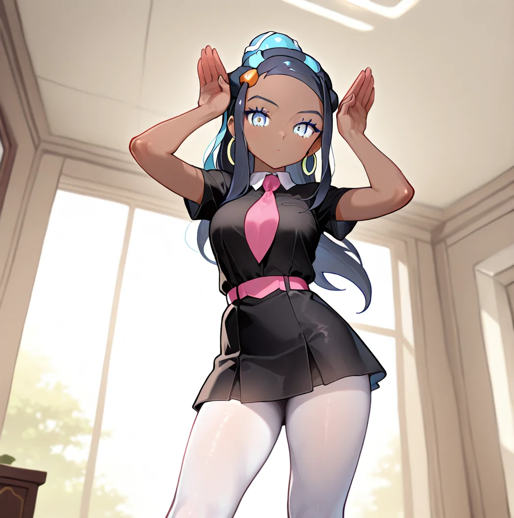 <lora:amyoutfit_illustrious:0.8>,  (masterpiece), (best quality), (ultra-detailed), amazing quality, very aesthetic, illustration, perfect composition, intricate details, absurdres, incredibly absurdres, arsonicxoutift, black dress, short dress, white pantyhose, pink necktie, pink sash, short sleeves, outside, pink boots,  1girl, solo,   nessa from pokemon,  <lora:AsuraLycoXL:1>, dark skinned female, looking at viewer, indoors, sexy pose,