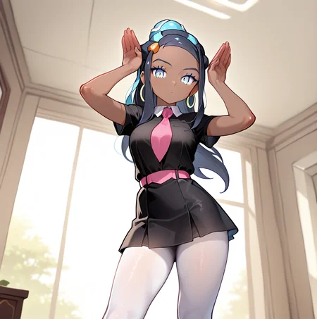 <lora:amyoutfit_illustrious:0.8>, (masterpiece), (best quality), (ultra-detailed), amazing quality, very aesthetic, illustration, perfect composition, intricate details, absurdres, incredibly absurdres, arsonicxoutift, black dress, short dress, white pantyhose, pink necktie, pink sash, short sleeves, outside, pink boots, 1girl, solo, nessa from pokemon, <lora:AsuraLycoXL:1>, dark skinned female, looking at viewer, indoors, sexy pose,