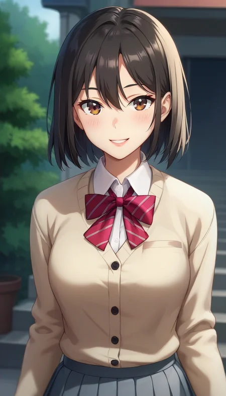 score_9,score_8_up,score_7_up,score_6_up BREAK official art,solo,outdoors,upper body,looking at viewer,facing viewer,smile,blush,Sua Kang,medium hair,black hair,bob cut,sidelocks,hair between eyes,parted bangs,brown eyes,lips,school uniform,beige cardigan,striped cardigan,wing collar,collared shirt,white shirt,dress shirt,long sleeves,medium breasts,miniskirt,grey skirt,pleated skirt,black socks,loafers,<lora:Sua Kang(tb)-Pony:1.2>,