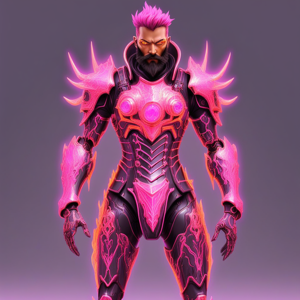 hyperdetailed fantasy character, Beard, cyberpunk flame suit, cyber fight armor, slick pink armor